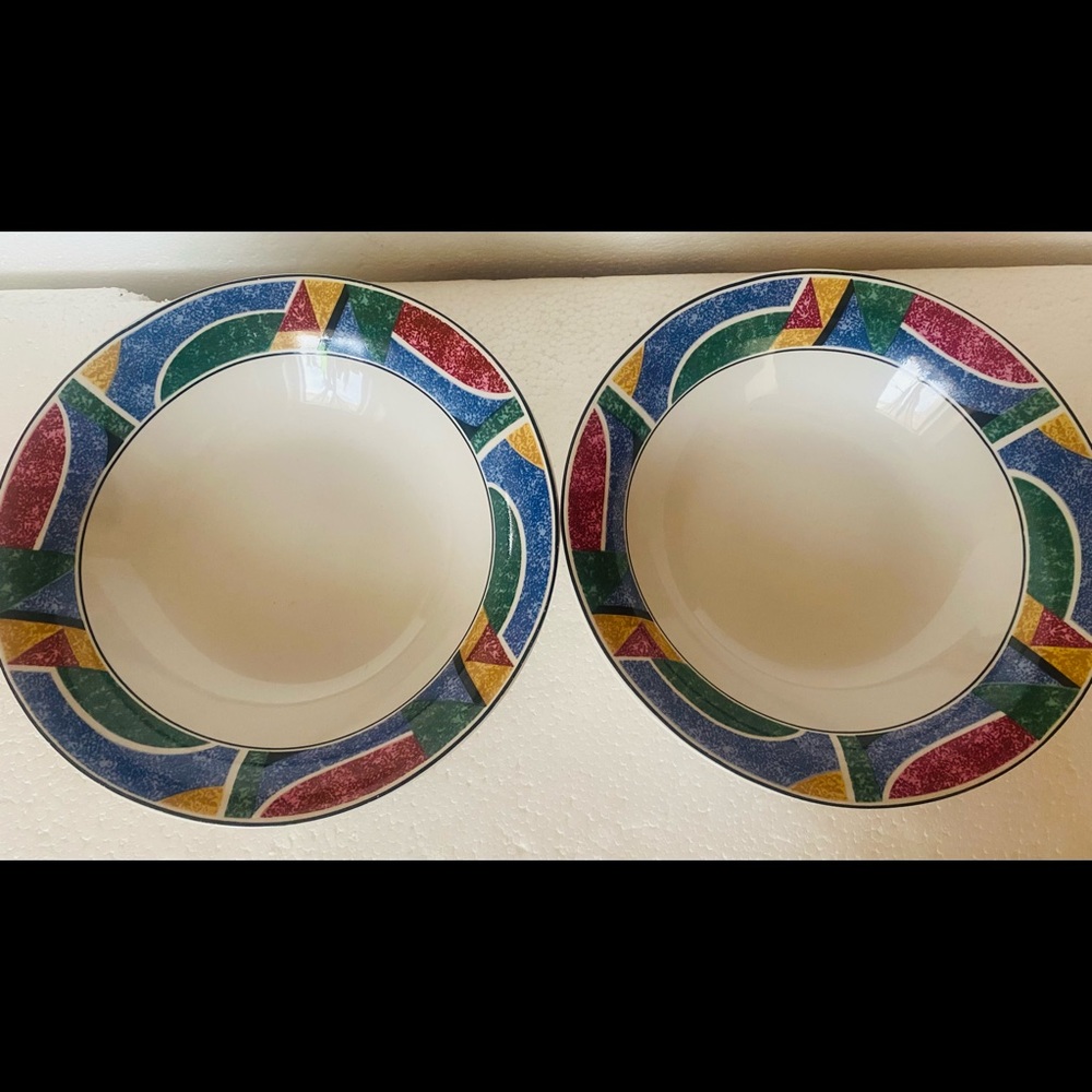 Sango FLAIR 4806 Multicolor Geometric RARE Wide Rim Soup Bowl 7 1/4” SET OF 2